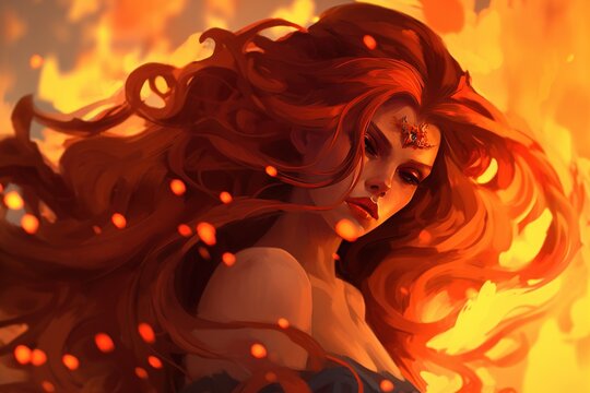 Flaming female superhero on fire red orange background.