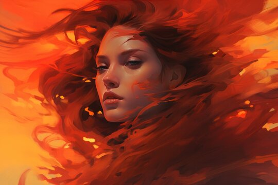 Flaming female superhero on fire red orange background.