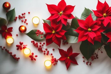 Red poinsettia flowers and lit candles. Christmas decorative composition on a white background.