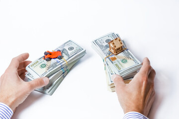 A money in the hands of a business man loan concept on a white background