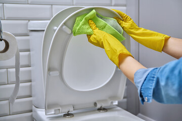 Close-up hands in protective gloves cleaning toilet in bathroom