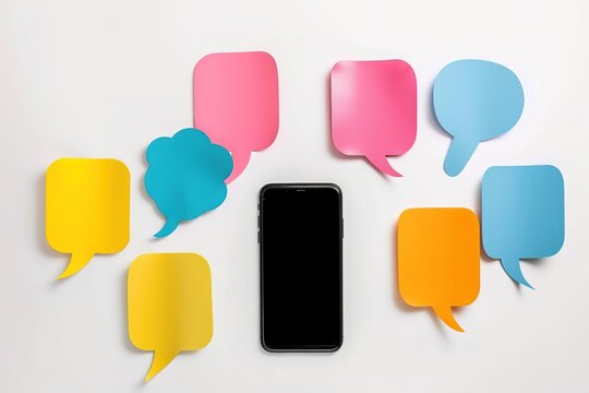 A Cell Phone Surrounded By Colorful Speech Bubbles On A White Background