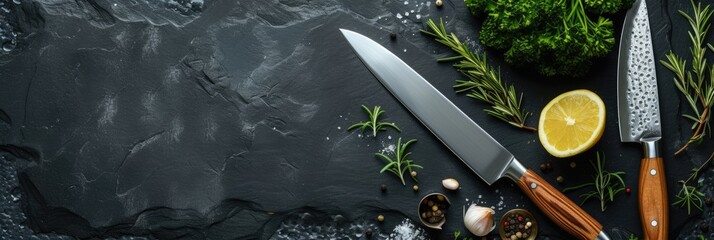 beautiful knife with rosmary on dark slate background, flatlay with copy space