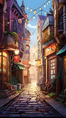 Naklejka premium Cool illustrated side street, side street, beautiful illustrated street