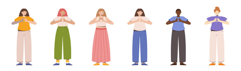 IWD Inspire Inclusion campaign, International Women's Day 2024 collection features a diversity of women making the heart gesture with their hands. Vector hand drawn illustration in flat style