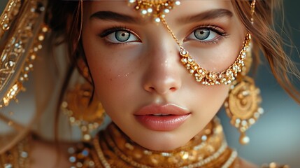 Beautiful girl with gold jewelry for women, necklace, earrings, bracelet, and Beauty and accessorie