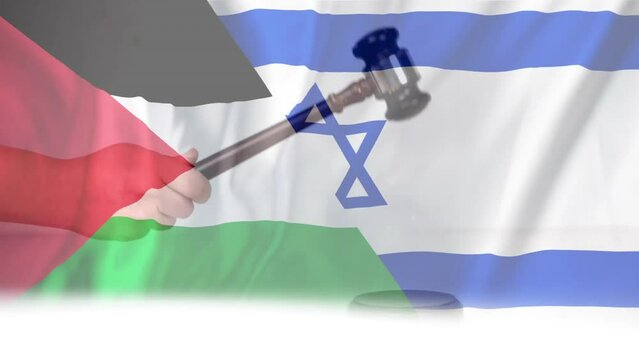 Animation of flags of palestine and israel over caucasian male judge using gavel