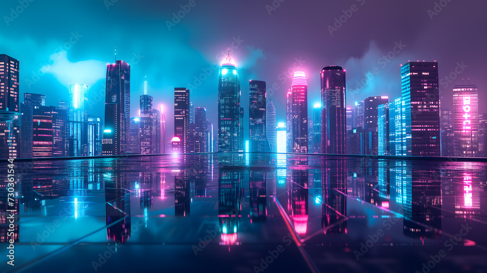 Poster a futuristic cityscape captured during the blue hour, where the transition from day to night paints the sky in mesmerizing shades of deep blue and violet