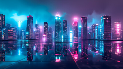 a futuristic cityscape captured during the blue hour, where the transition from day to night paints the sky in mesmerizing shades of deep blue and violet