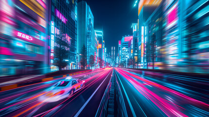 Obraz premium a modern car slicing through the heart of a futuristic city at night, where the urban landscape comes alive with neon lights
