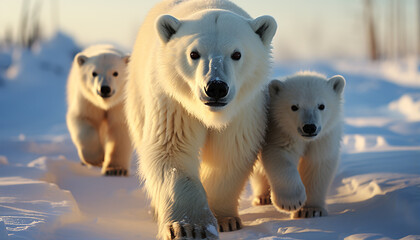 Three playful arctic animals in the snow, looking cheerful and cute generated by AI