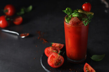 A glass with cold bloody mary cocktail