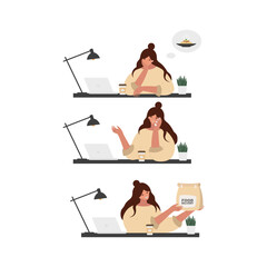 Hungry busy woman thinks about eat at work. Delivery food at work. Flat vector illustration isolated on white background. - 730361753