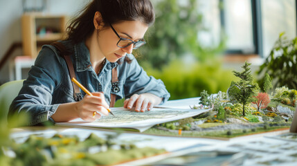 Landscape designer woman at work creatively brings ideas to life, crafting harmonious and beautiful landscapes inspired by the beauty of nature