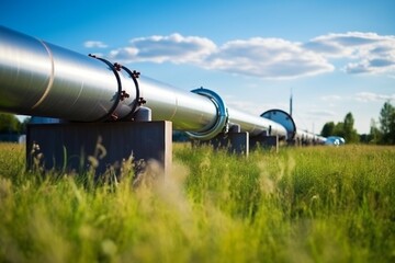 Gas pipeline pipes in a field, close-up. Green energy is an alternative use of nature. Gas export, Pipeline.