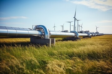 Green energy is an alternative use of nature. Gas pipeline pipes in a field, close-up. Wind turbines with blades, electricity production.
