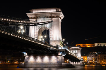 The historic Chain Bridge illuminated at night in Budapest