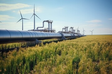 Green energy is an alternative use of nature. Gas pipeline pipes in a field, close-up. Wind turbines with blades, electricity production.