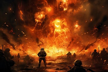 Fototapeta premium Determined Military soldier in fire splashes. Warrior assault in flames. Generate Ai