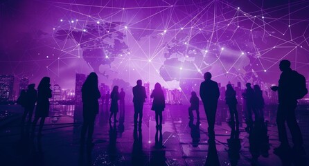people standing near an earth map with connections for network and business concept Generative AI