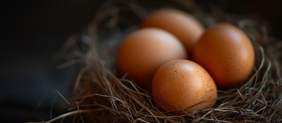 Chicken eggs in a nest with dark background, captured with selective focus.