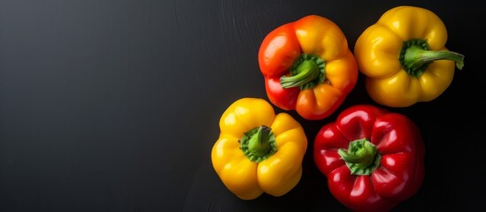Healthy vegetarian products made from red and yellow peppers showcased on a black backdrop