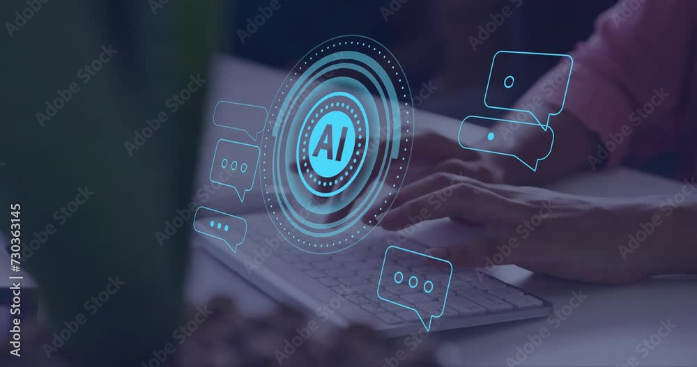 Poster animation of ai data processing over caucasian man typing on computer