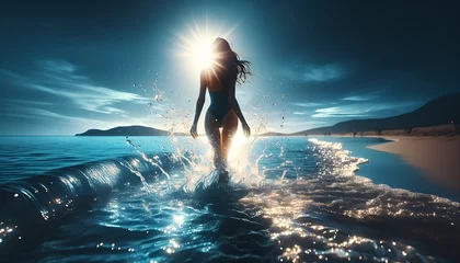 Foto op Plexiglas woman walkin on the beach, at sunset,  generative ai © Eduardo