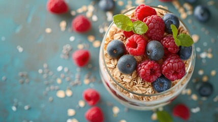 Nutrition-focused overnight oats recipe visualization, highlighting the benefits of each layer, including oats, flaxseeds, berries, and almond milk