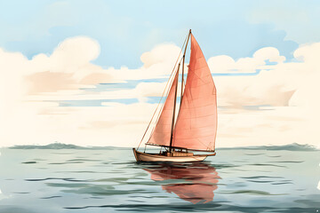 Sailboat on the sea, sailing, illustrated sailboat
