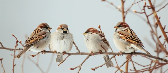 Sparrows perched on tree branches against a gray sky.