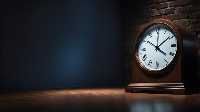 old clock on a wooden wall, alarm clock on a table, dark empty room, analog watch, time, isolated, old analog clock