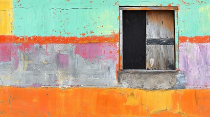 Naklejka premium Half-destroyed building wall with a window. The facade of the house with damaged plaster needs major repairs. Photophone for retro photography. Illustration for cover, interior design, brochure, etc.