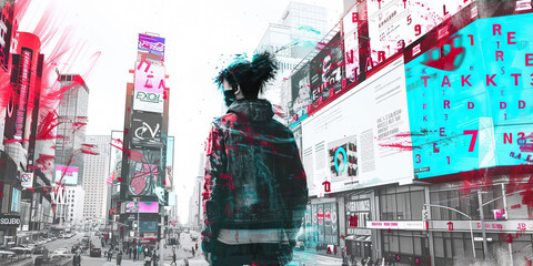 Man Standing in the Middle of a City - obrazy, fototapety, plakaty
