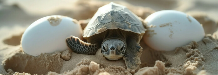 Sea turtles are hatching from eggs on the beach.