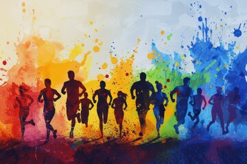 silhouette of a group of runners running together with splash of colors
