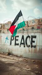Palestinian flag with the word "PEACE" on a wall. Middle East conflict. Israel - Palestine war. Terrorism.