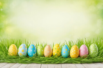 Arrangement of colorful hand-painted easter eggs on grass and wooden tabletop, out of focus green background, copy space for text