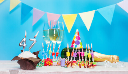Date of birth with candles and number  47. Anniversary greeting card. Holiday decorations. Happy...