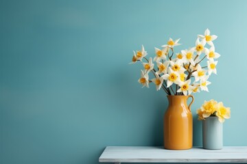 Vibrant yellow daffodils on serene blue background. Springtime bloom and floral beauty concept