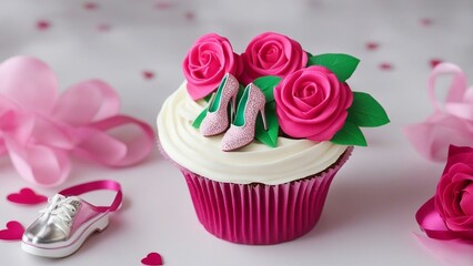 pink cupcake with white frosting A fuchsia pink theme cupcake with a shoe and a rose decoration and a beautiful roses. high heels 