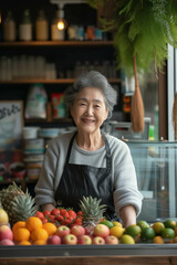 Fototapeta na wymiar Asian senior woman smiling with confidence in smoothie shop.