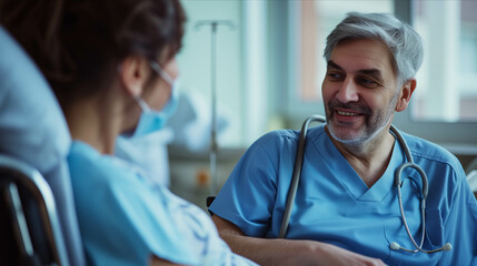 Fototapeta premium Caucasian doctor talking with senior patient in wheelchair in hospital.