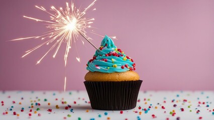 cupcake with sparkler A cupcake with a sparkler and colorful sprinkles. The cupcake has white frosting  