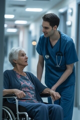 Obraz premium Caucasian doctor talking with senior patient in wheelchair in hospital.