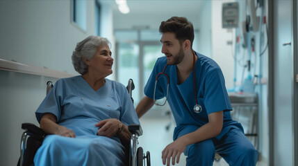 Fototapeta premium Caucasian doctor talking with senior patient in wheelchair in hospital.