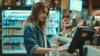 Caucasian female cashier scanning merchandise in convenience store.