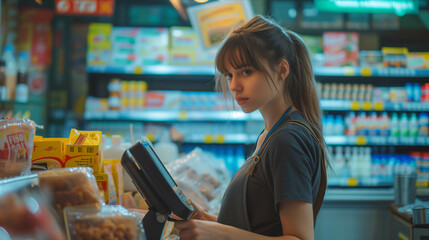 Caucasian female cashier scanning merchandise in convenience store.
