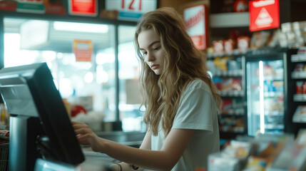 Caucasian female cashier scanning merchandise in convenience store.