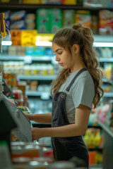 Caucasian female cashier scanning merchandise in convenience store.